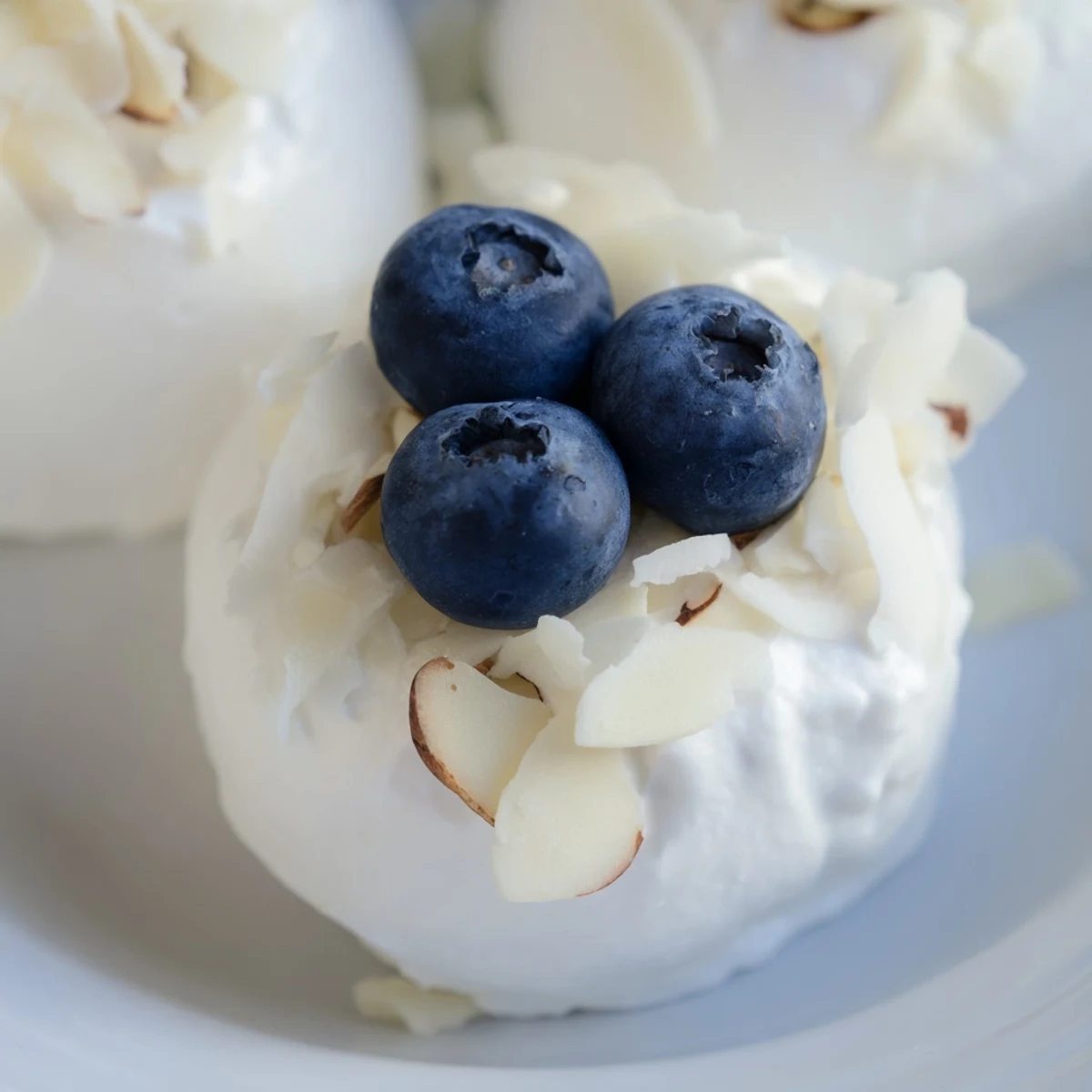 Creamy yogurt clusters studded with plump blueberries and drizzled with honey on a rustic wooden board
