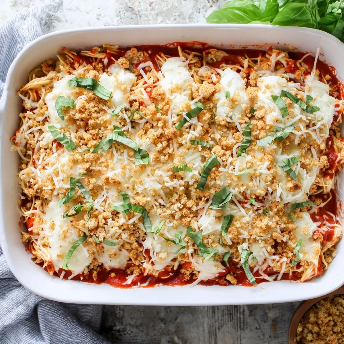 Golden bubbling keto chicken parmesan casserole with melted mozzarella and fresh basil garnish