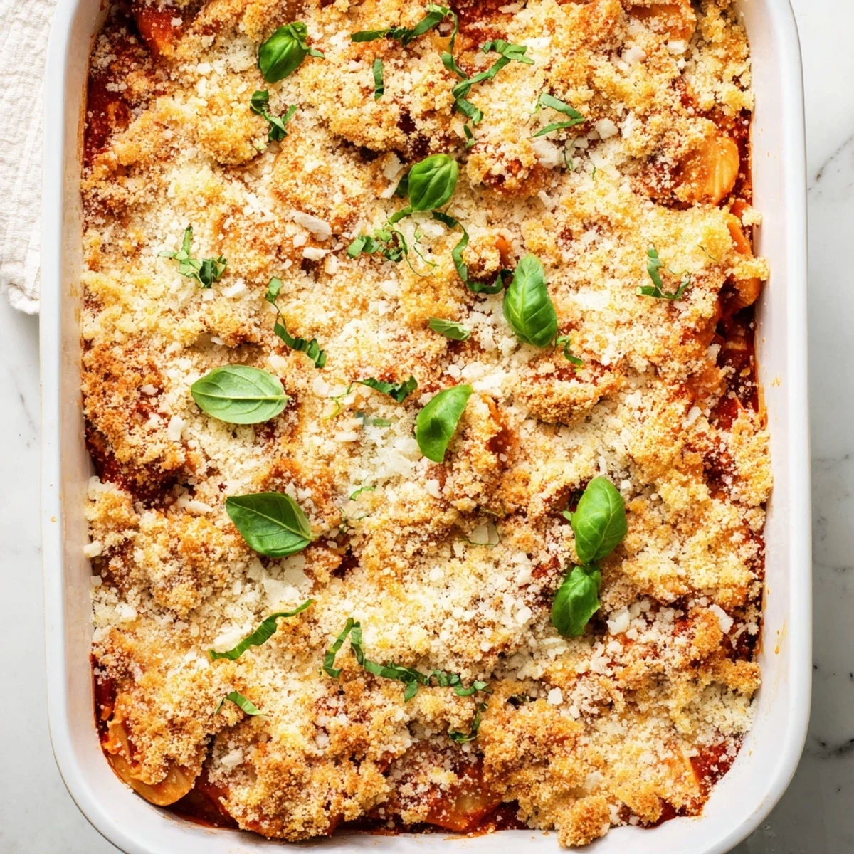 Baked Italian-style low carb chicken parmesan casserole featuring juicy shredded chicken and tangy marinara