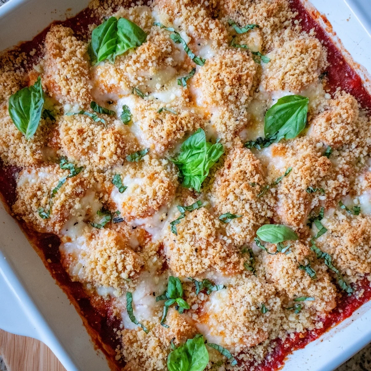 Creamy keto chicken parmesan casserole fresh from the oven with a crispy cheesy topping