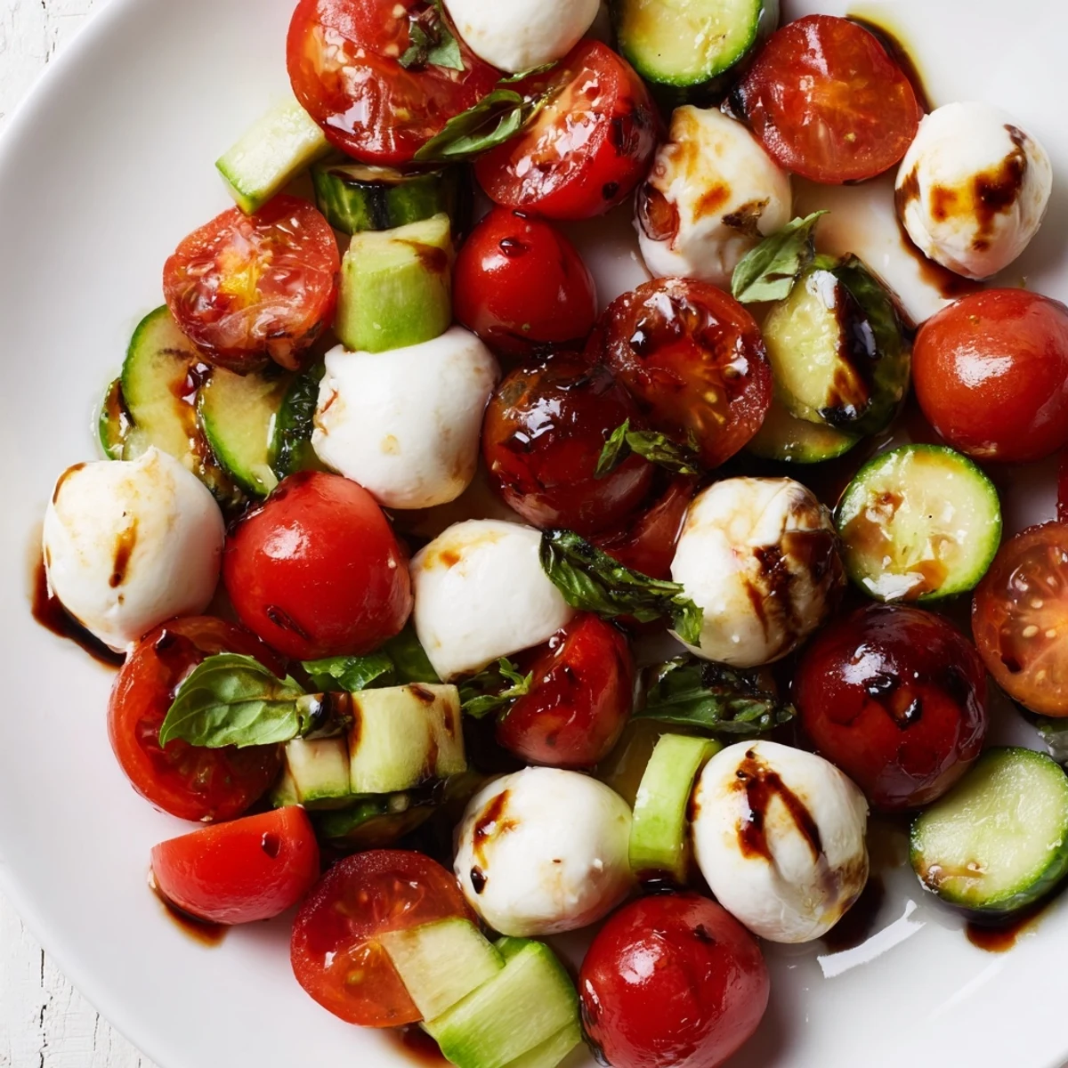 Fresh cucumber Caprese salad with mozzarella pearls, cherry tomatoes, and basil drizzled with balsamic glaze