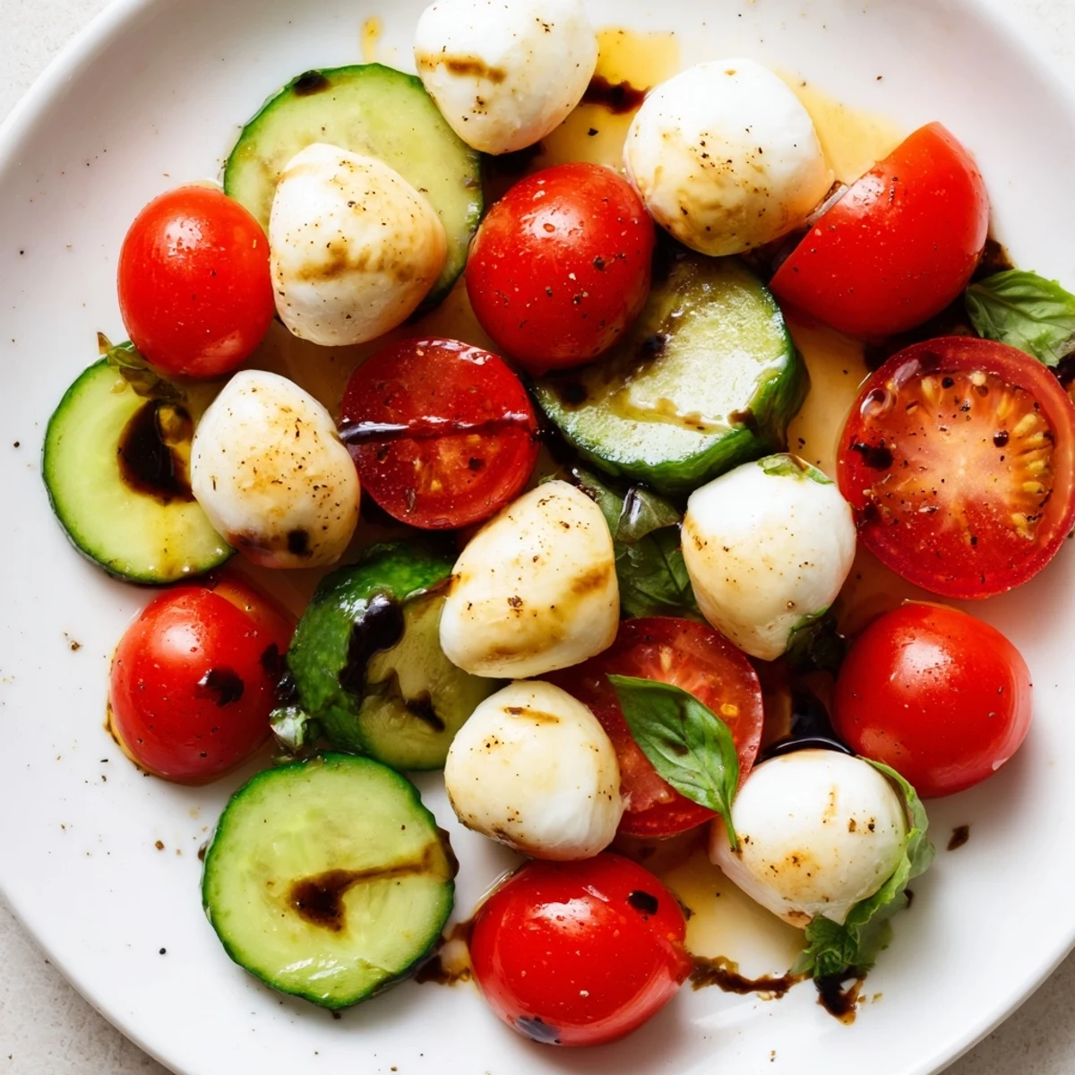 Italian-inspired cucumber Caprese salad arranged with halved cherry tomatoes, fresh mozzarella balls, and torn basil leaves