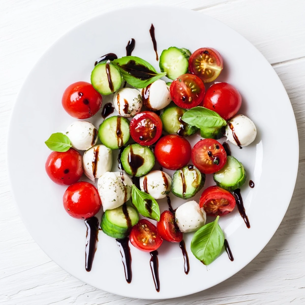 Vibrant bowl of juicy cucumber Caprese salad featuring crisp vegetables, creamy cheese, and tangy dressing