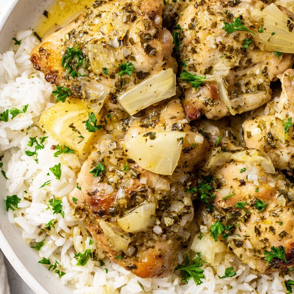 Golden slow cooker lemon herb chicken resting atop fluffy white rice garnished with fresh parsley