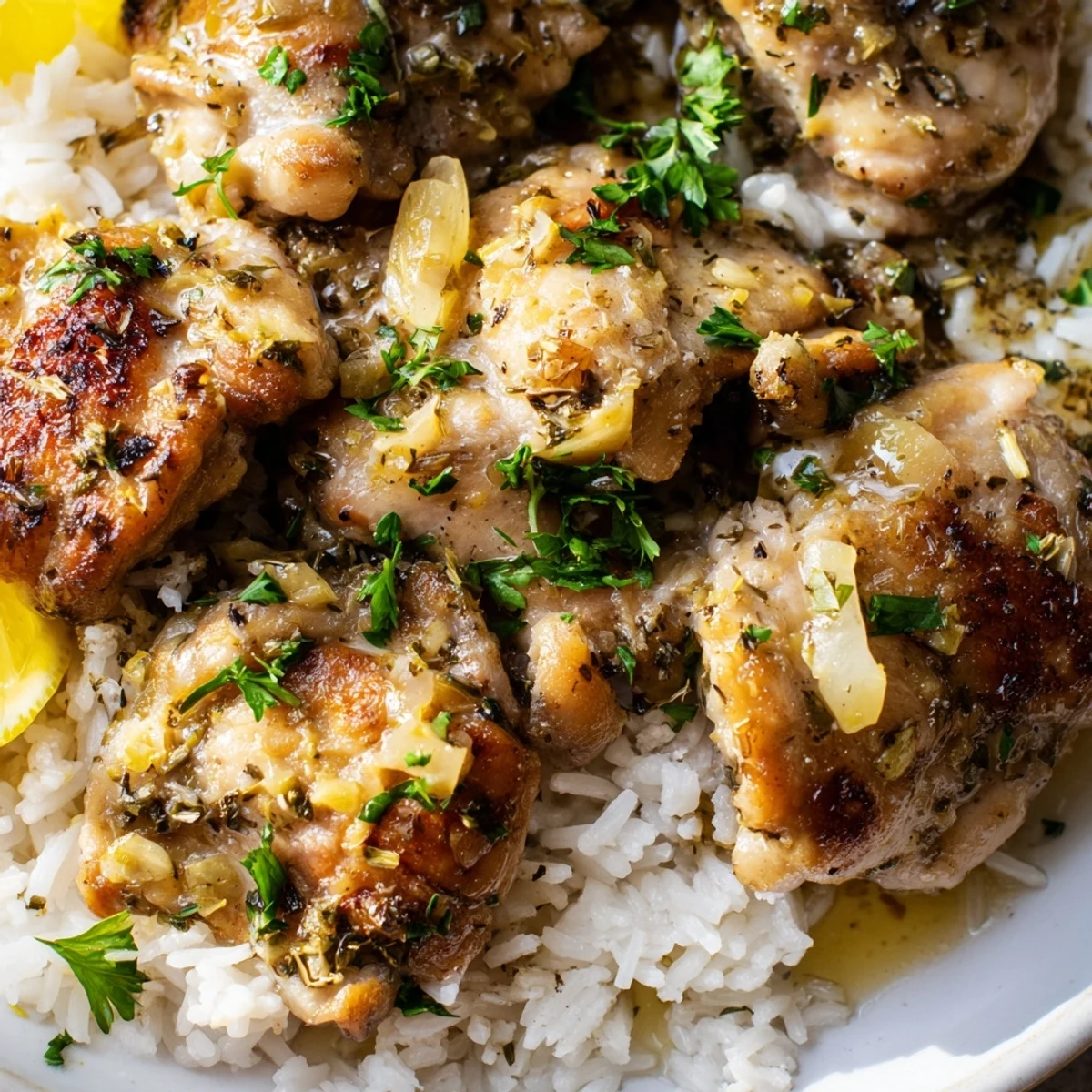Savory chicken thighs infused with bright lemon and dried herbs over steaming fluffy white rice