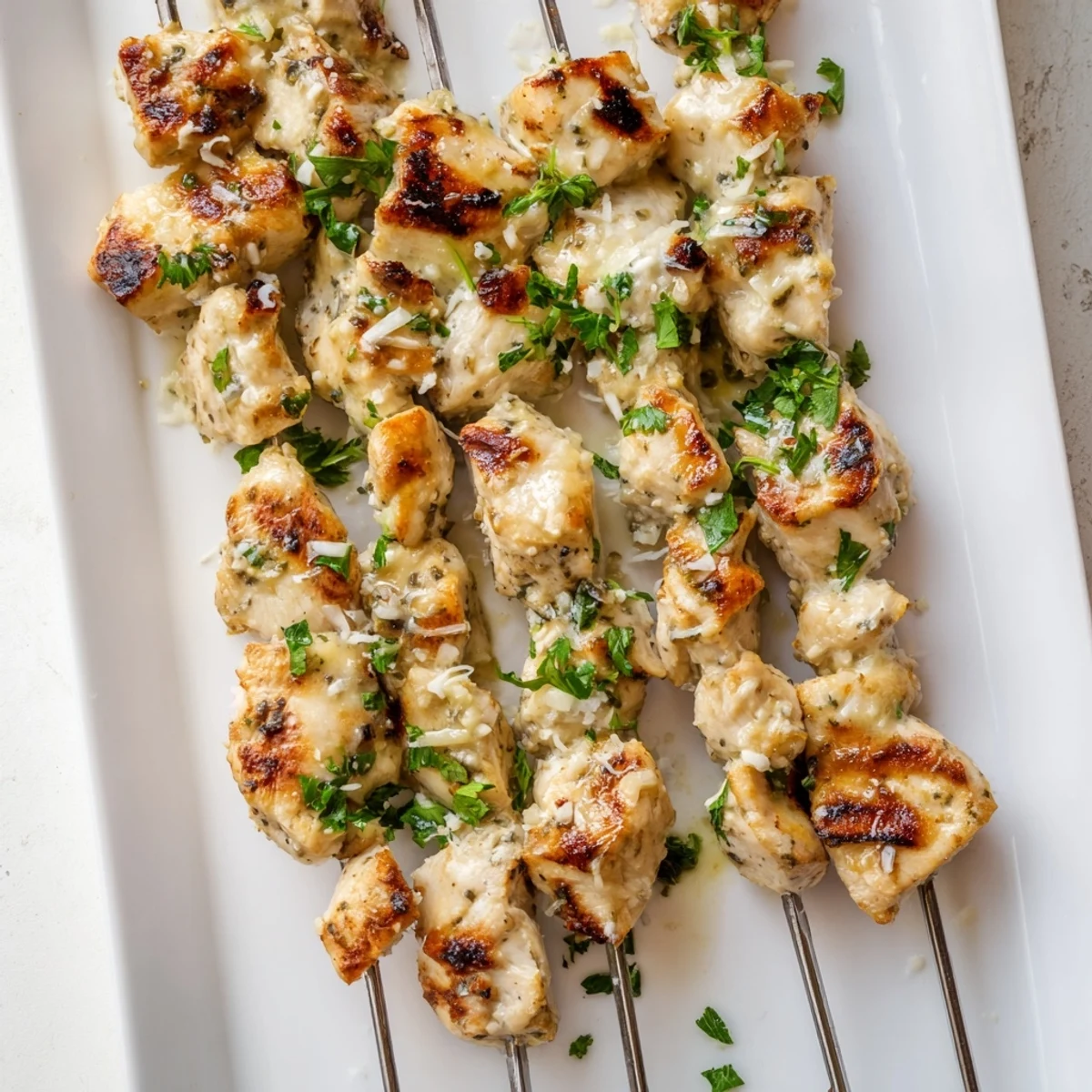 Golden grilled ranch garlic parmesan chicken skewers topped with melted cheese and fresh parsley