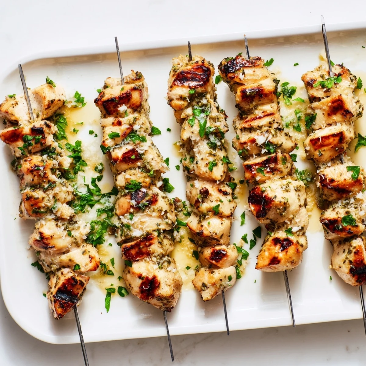 Juicy chicken threaded on skewers sizzling on the grill with savory ranch garlic parmesan coating