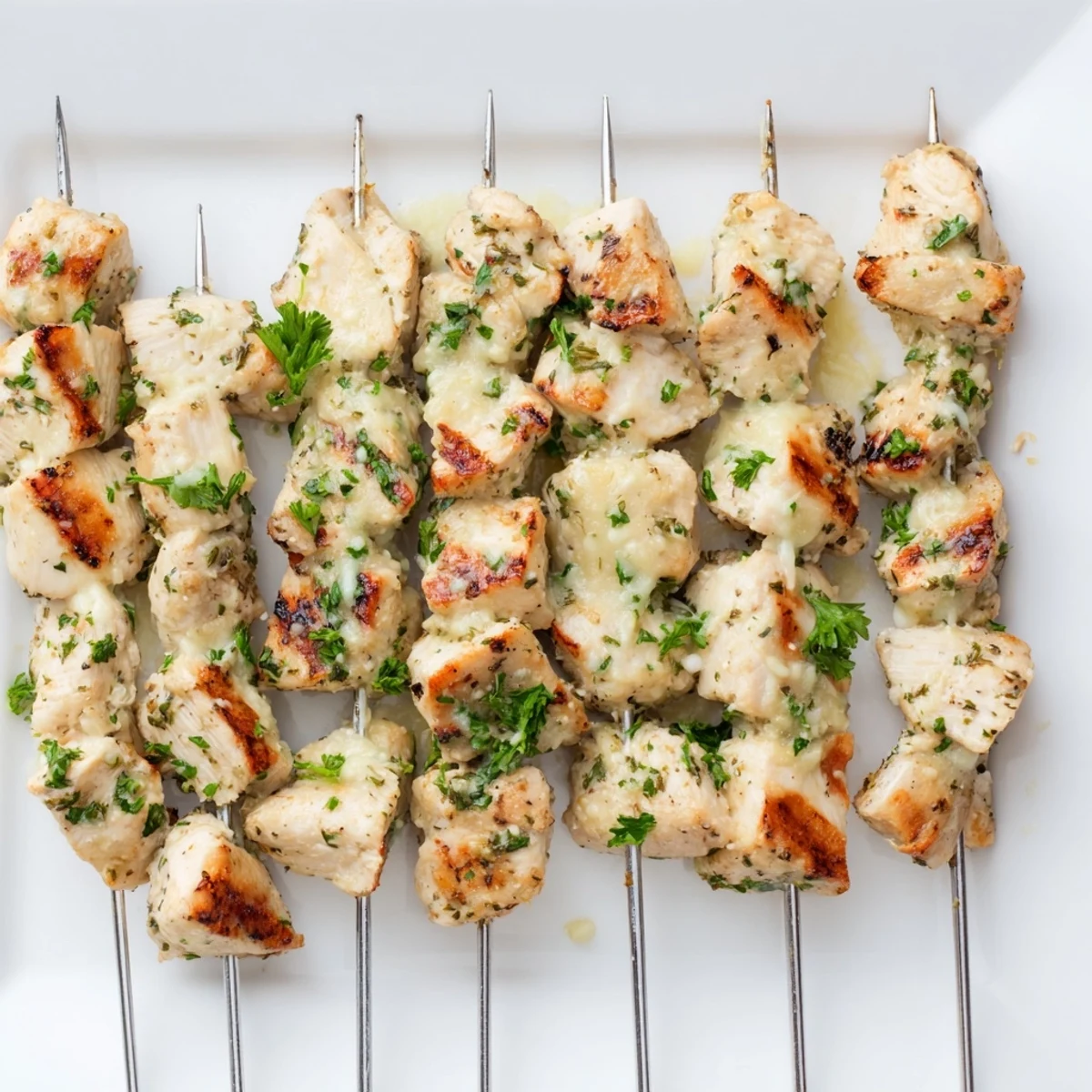 Plate of tender marinated chicken skewers finished with crispy parmesan and chopped green parsley garnish