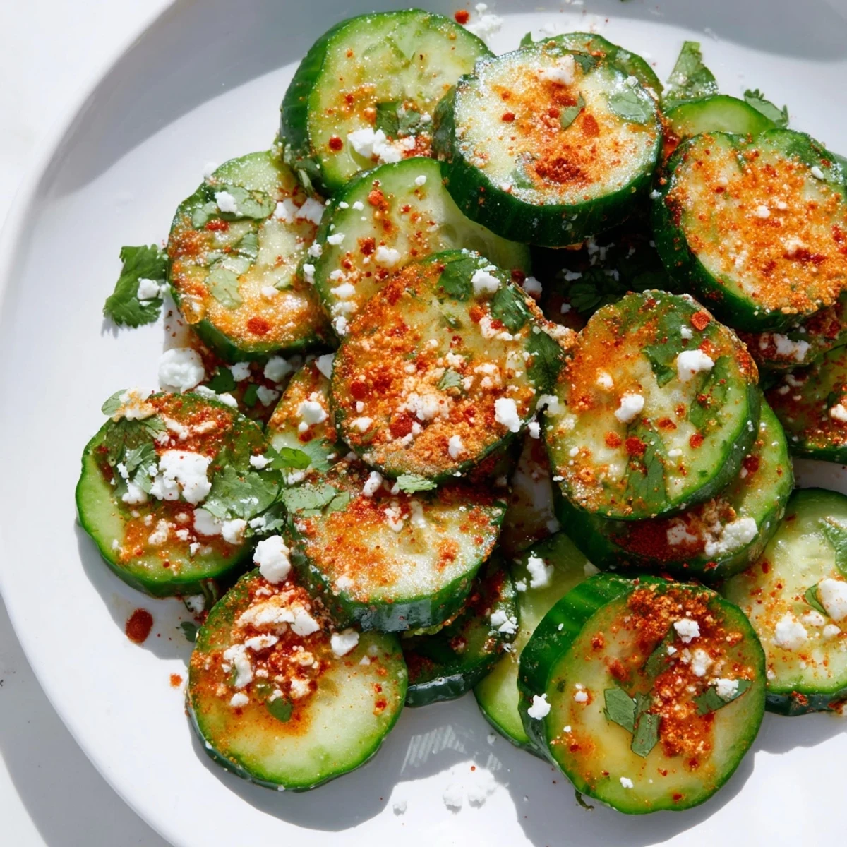 Fresh Mexican style cucumbers coated in zesty lime juice and spicy chili powder garnished with cilantro