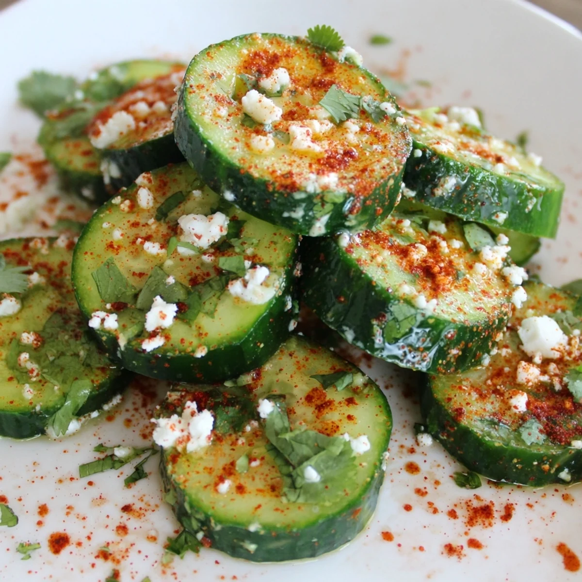 Bowl of chilled cucumbers tossed with lime juice chili powder and optional crumbled cotija cheese topping