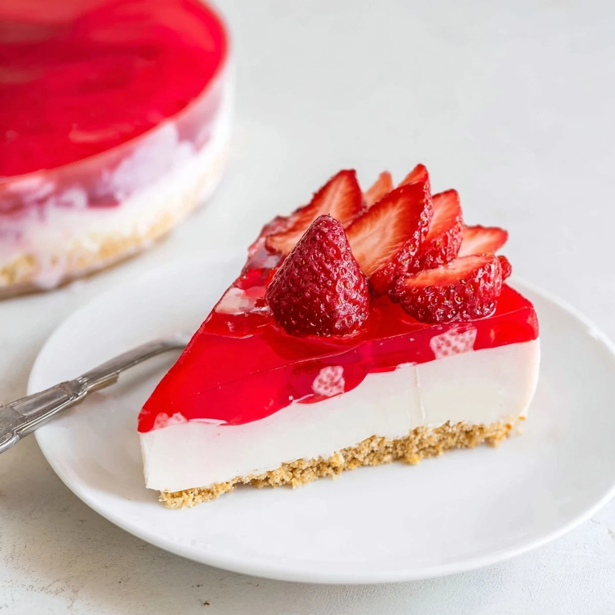 Creamy no bake Greek yogurt jello cheesecake slice with graham cracker crust and berry topping