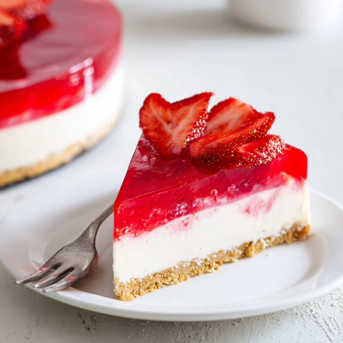 Light and tangy Greek yogurt cheesecake topped with colorful jello layer on buttery crust