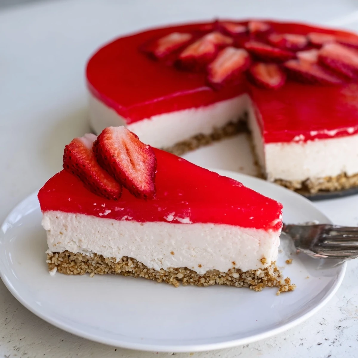 Square of chilled Greek yogurt jello cheesecake displaying creamy white filling and translucent fruit topping