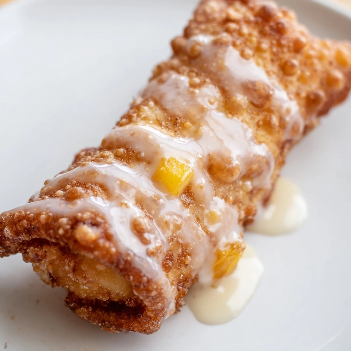 Handheld peach cobbler egg rolls with sweet fruit filling and powdered sugar topping