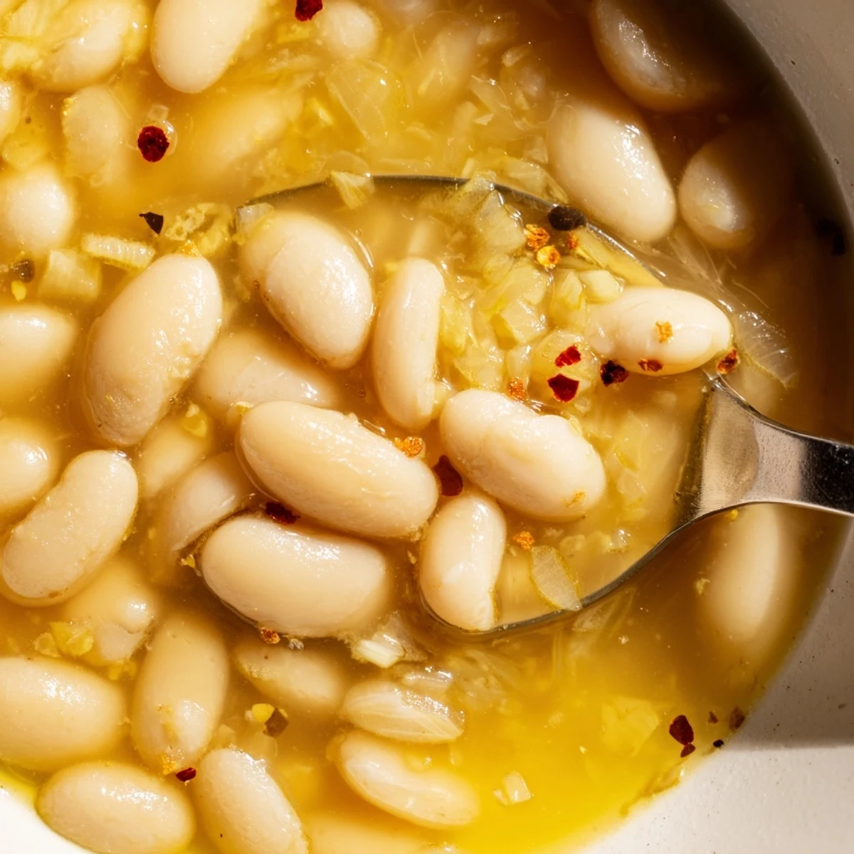 Creamy white beans simmered in savory miso butter broth garnished with fresh herbs and lemon zest