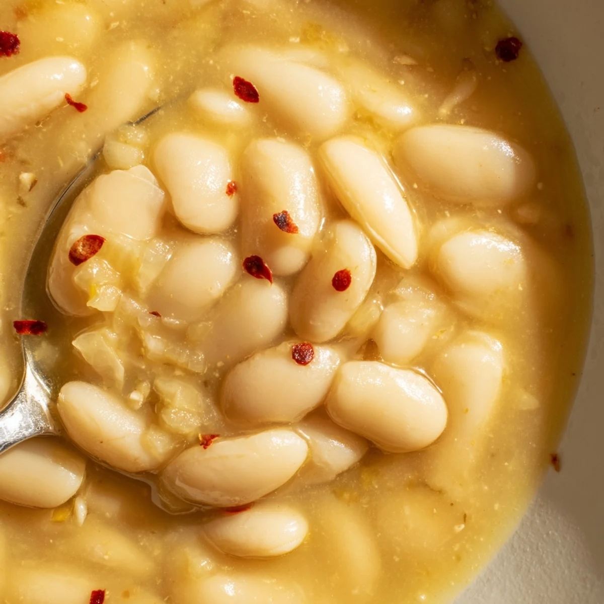 Spoon lifting creamy cannellini beans in rich miso broth with fresh chives sprinkled on top