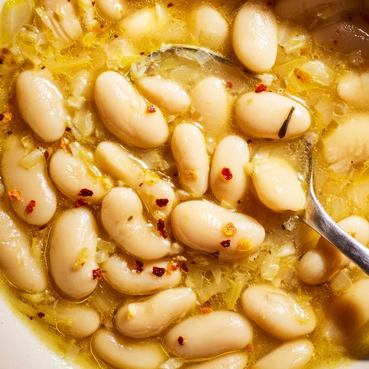Golden miso butter brothy beans in a white bowl topped with vibrant parsley and red pepper flakes