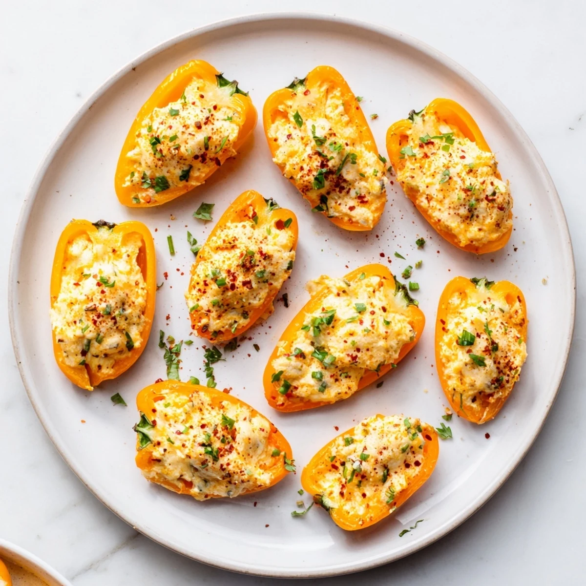 Golden air fryer cream cheese stuffed mini peppers with melted cheddar topping, arranged on a white serving platter with fresh parsley garnish