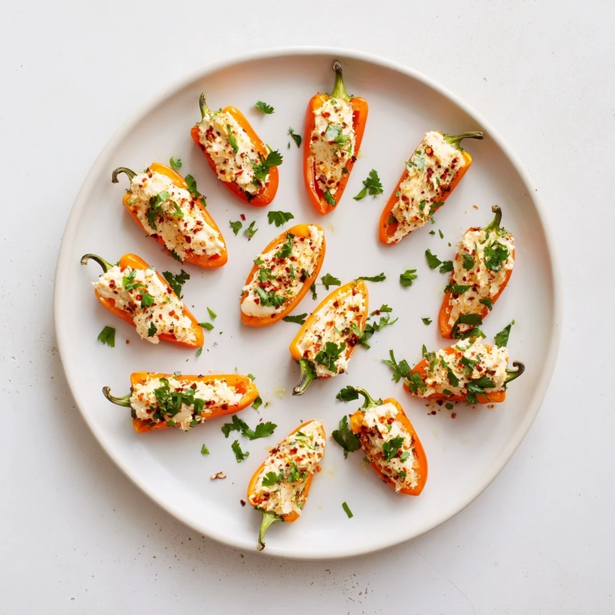 Platter of easy air fryer cream cheese stuffed mini peppers featuring crispy golden edges and smooth cheesy filling, served warm as appetizer