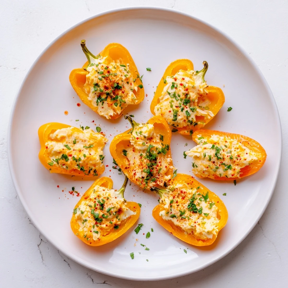 Colorful roasted mini sweet peppers filled with savory cream cheese blend, air fried to tender perfection and sprinkled with paprika
