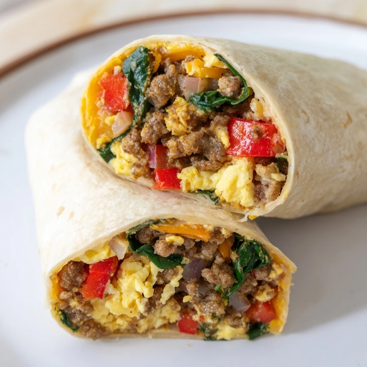 Golden make-ahead breakfast burritos wrapped in foil with eggs, sausage, cheese, and colorful vegetables