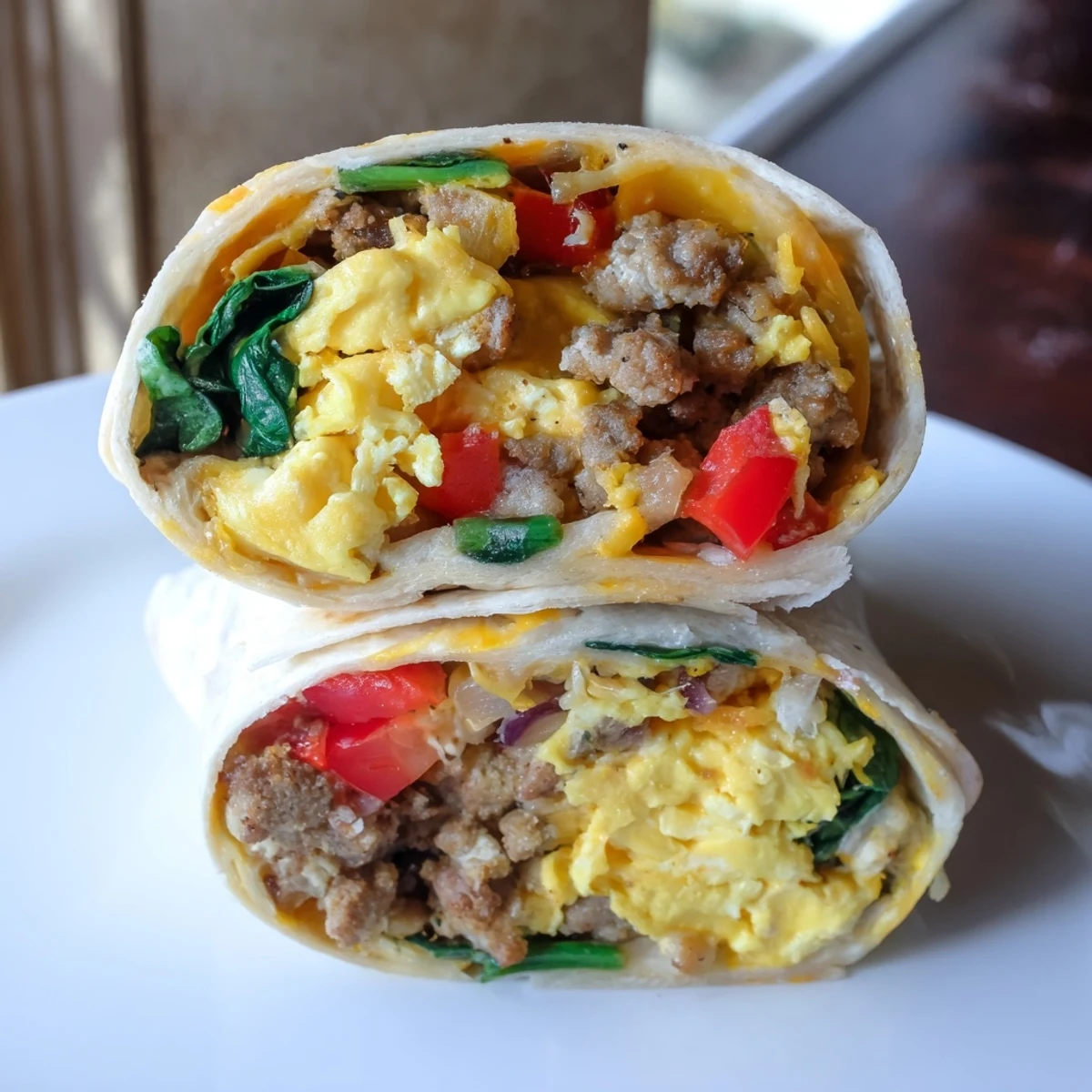 Fluffy egg and sausage breakfast burritos overflowing with melted cheddar, peppers, and spinach