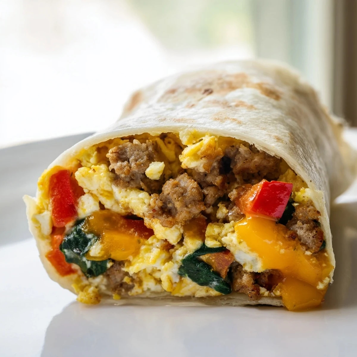 Warm flour tortillas rolled around hearty breakfast burritos filled with scrambled eggs, cheese, and savory sausage