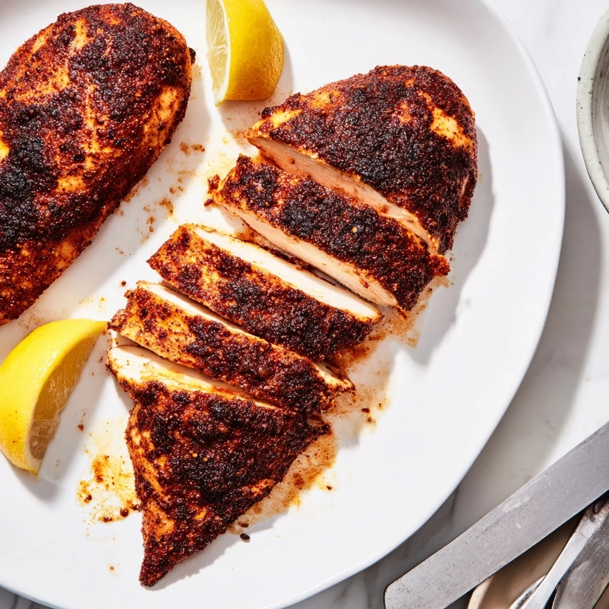Golden brown blackened chicken breasts with a dark spicy crust on a white plate