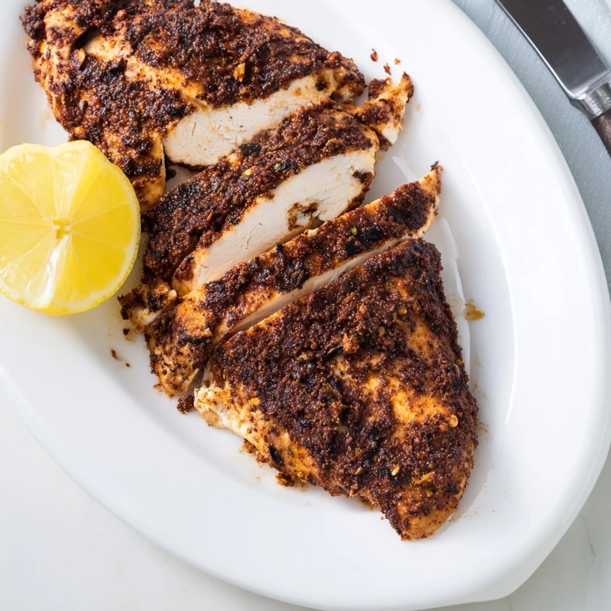 Cast iron skillet blackened chicken with charred smoky seasoning and glistening olive oil sheen