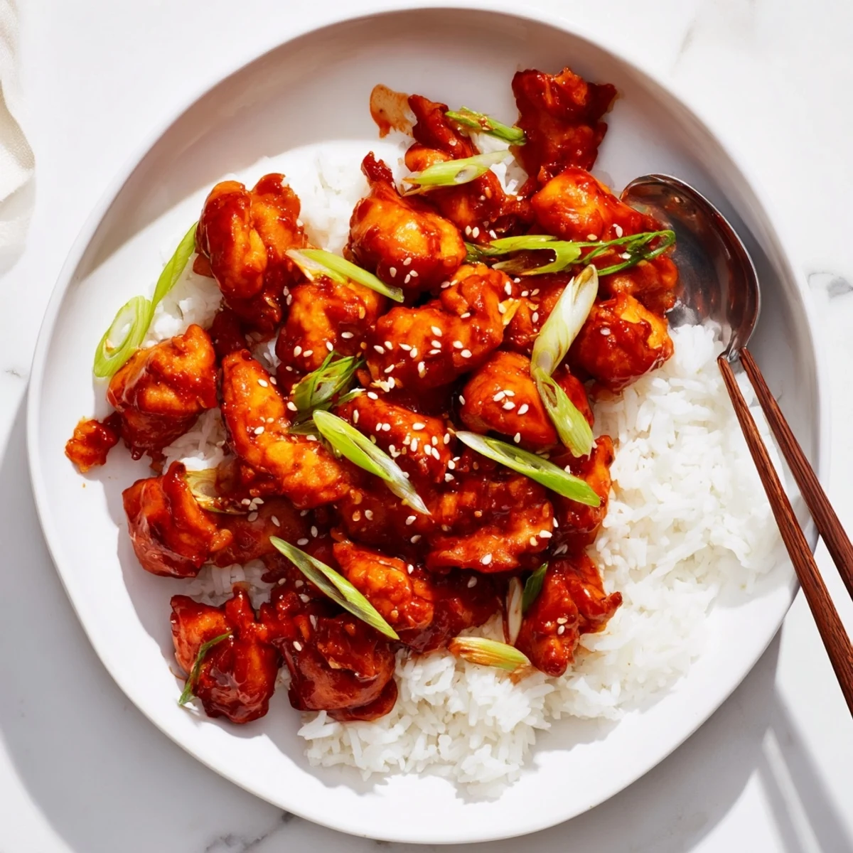 Golden Mongolian chicken coated in sticky brown sugar soy sauce garnished with green onions