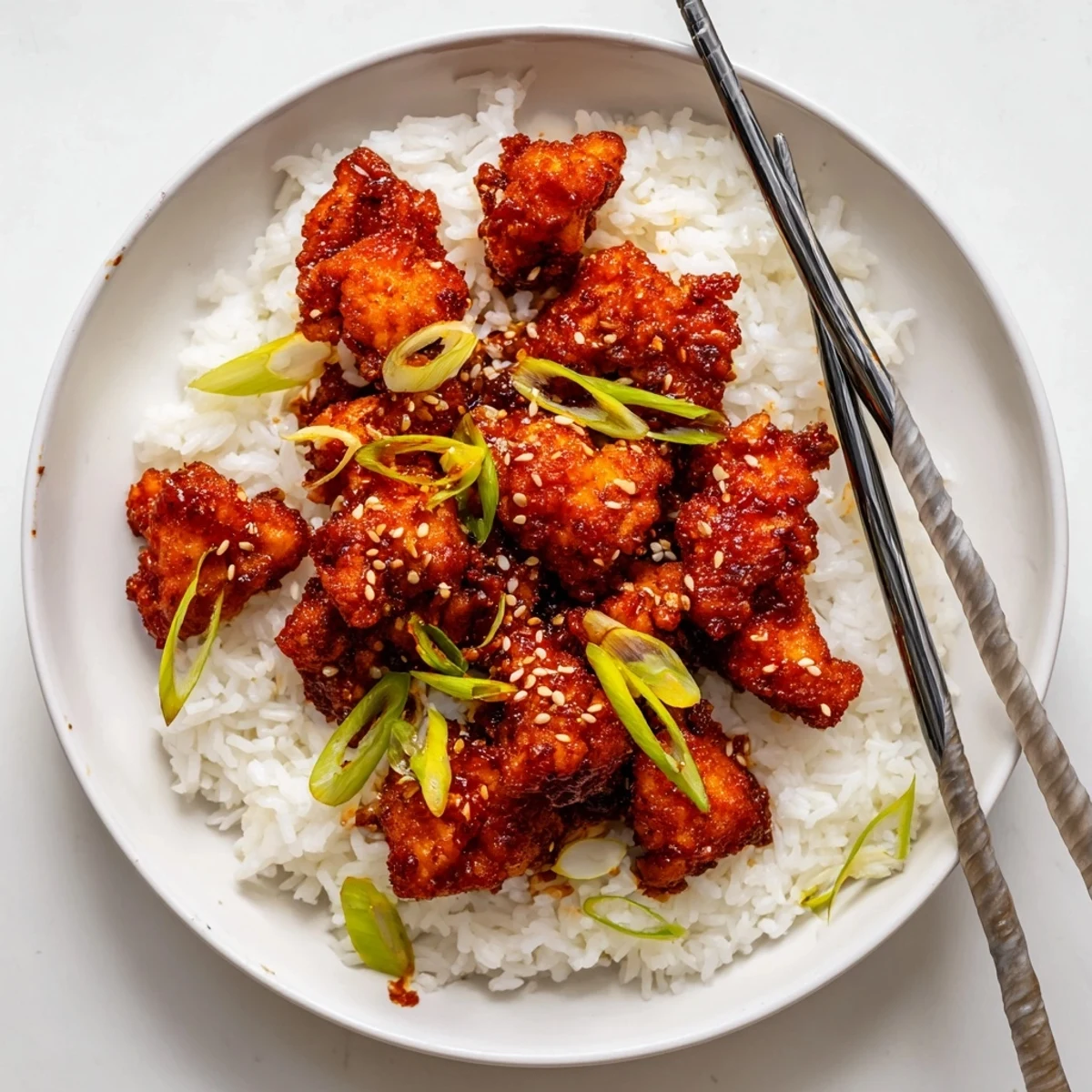 Crispy chicken pieces tossed in luscious Mongolian sauce over steamed white rice with sesame seeds