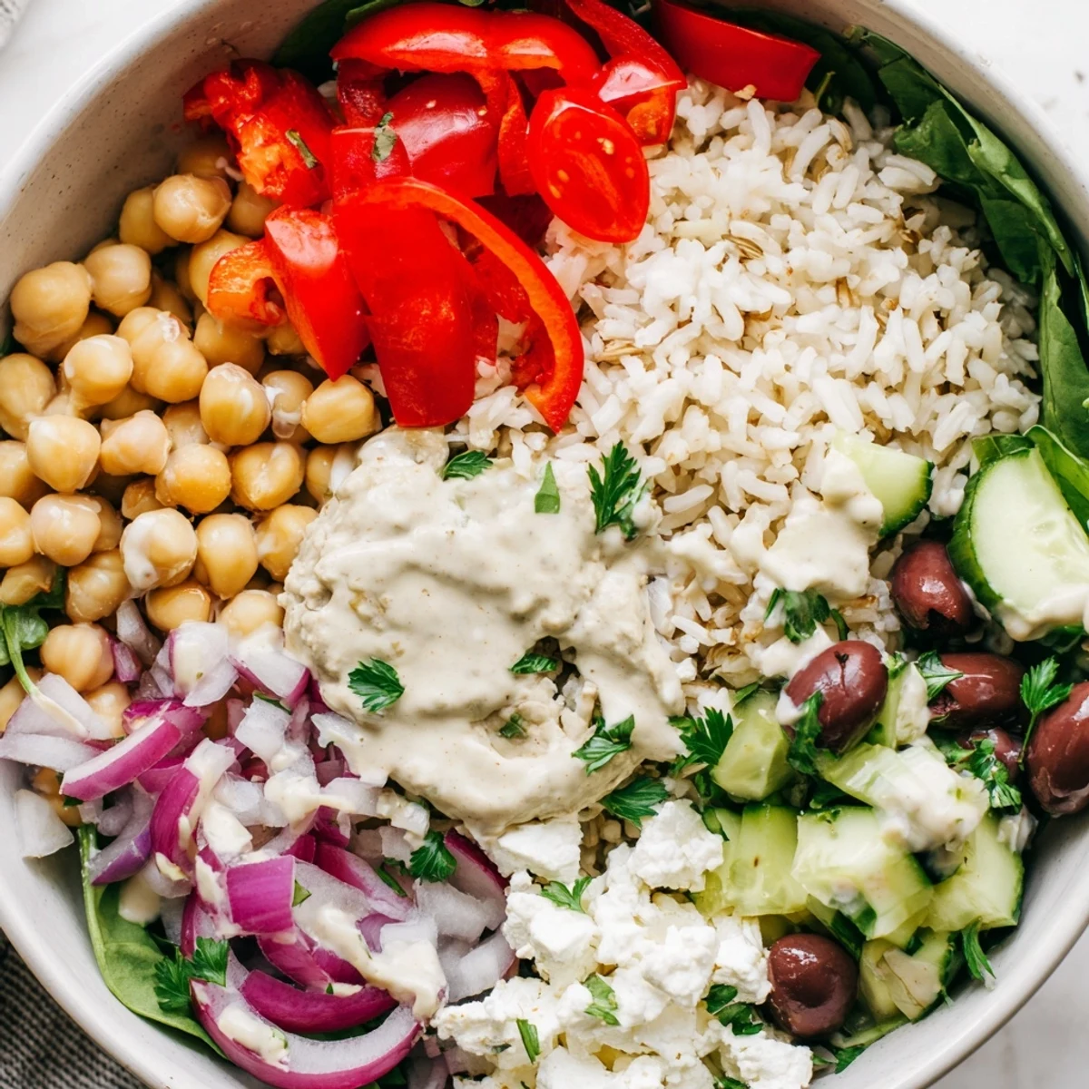 Colorful Mediterranean rice bowl topped with fresh vegetables hummus and tangy lemon-tahini dressing