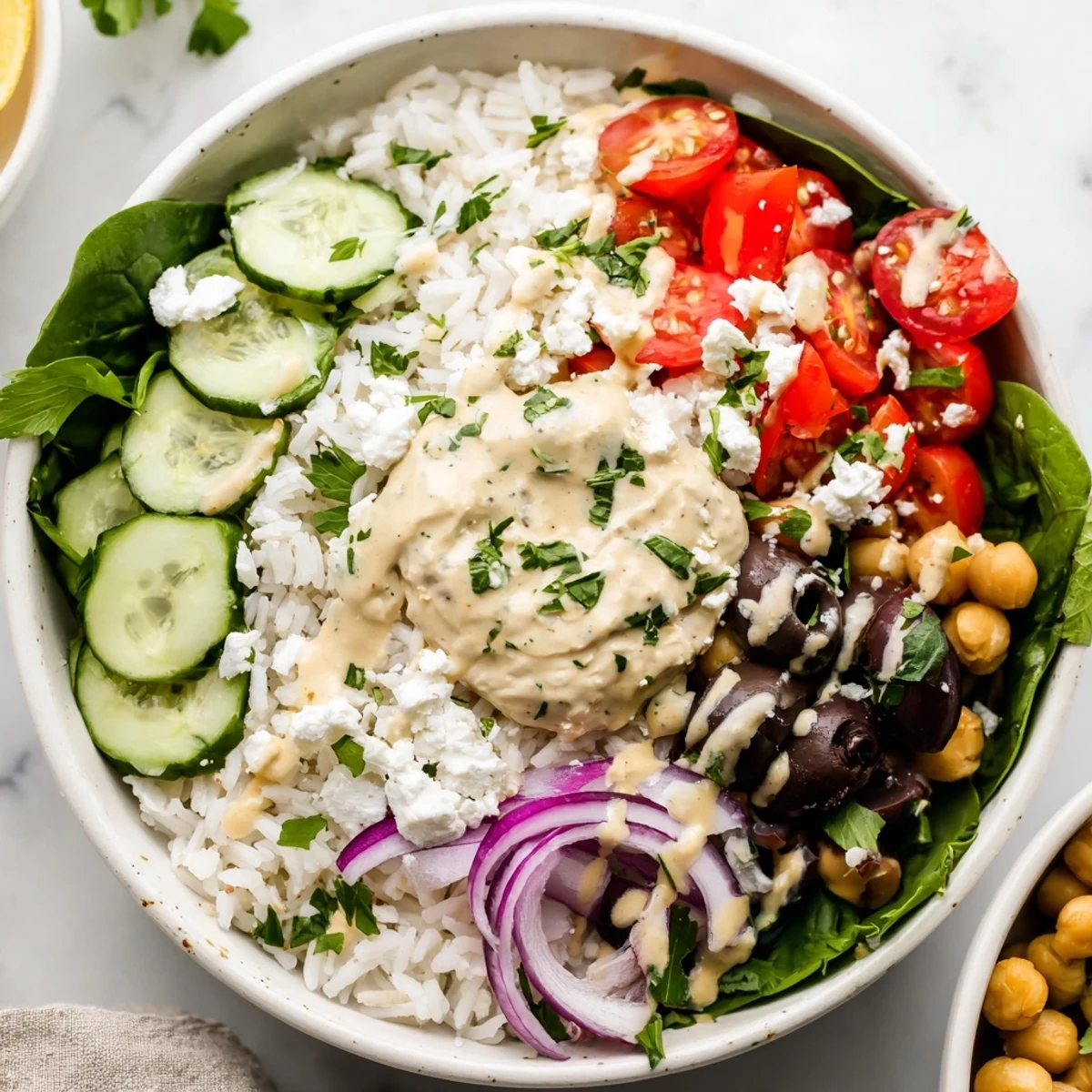 Close up of vibrant Mediterranean rice bowl featuring olives hummus and zesty lemon garnish