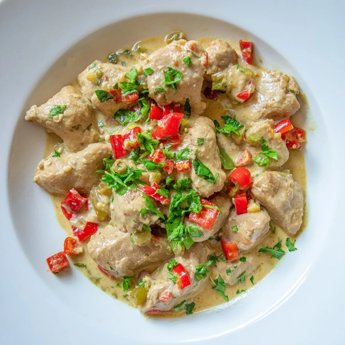 Golden chicken pieces simmer in rich white coconut sauce with colorful bell peppers