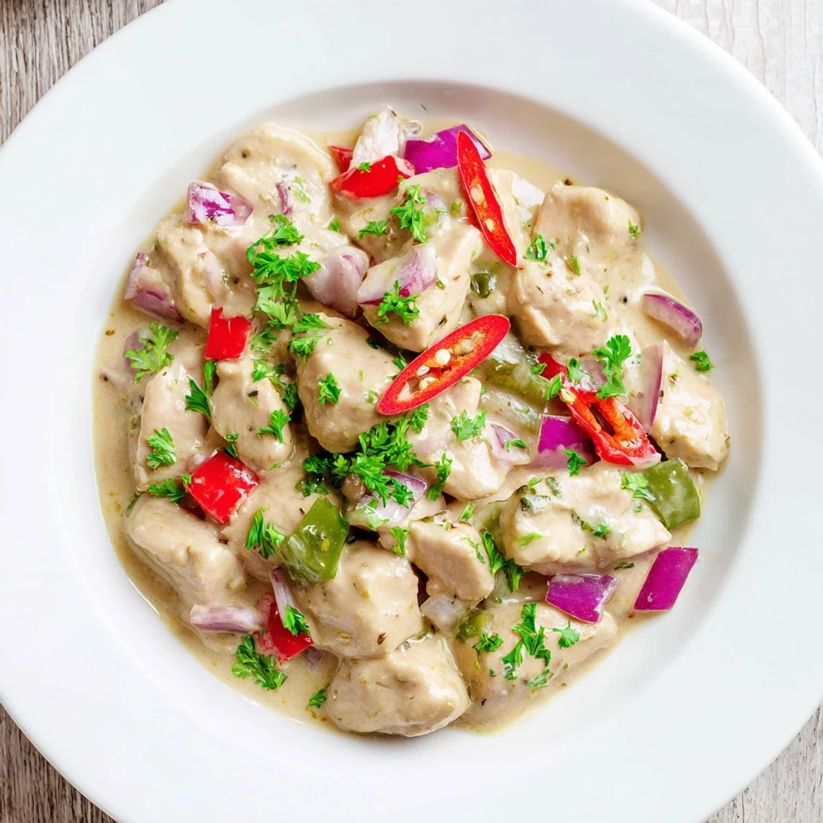 Creamy spicy Brazilian coconut chicken served over steamed white rice with fresh herbs