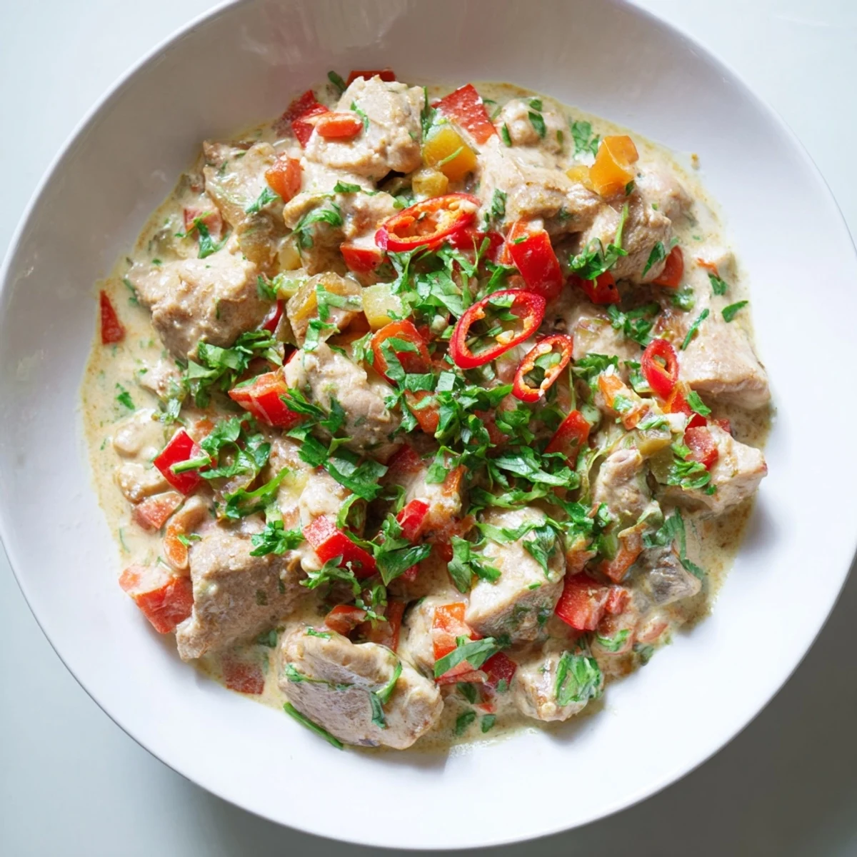 Tender chicken thighs in aromatic coconut milk sauce topped with chopped cilantro and lime