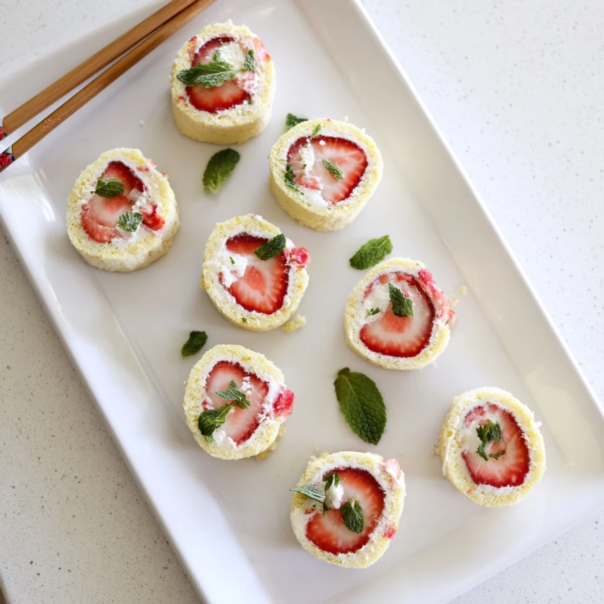 Whimsical strawberry shortcake sushi rolls featuring vanilla cake spiraled with whipped cream and fresh strawberries