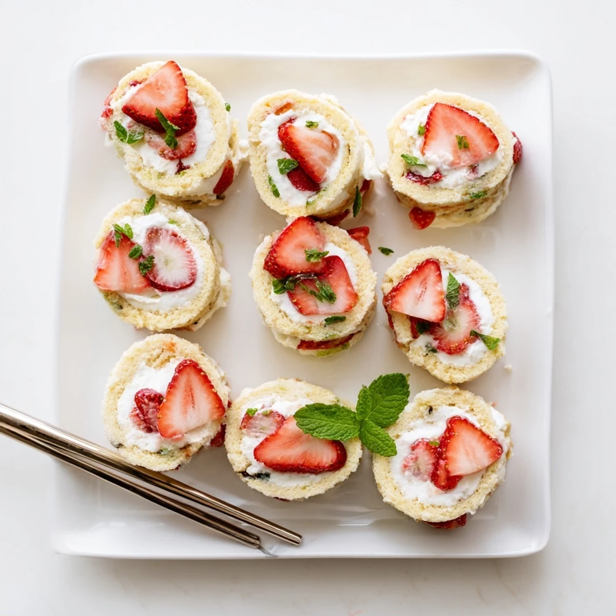 Creative strawberry shortcake sushi dessert displaying sliced swirls of cake filled with sweet strawberries and cream