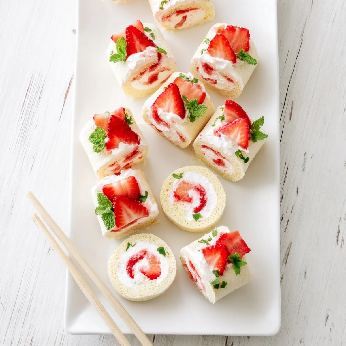 Playful strawberry shortcake sushi pieces topped with strawberry slices, resembling elegant sushi rolls on a white plate