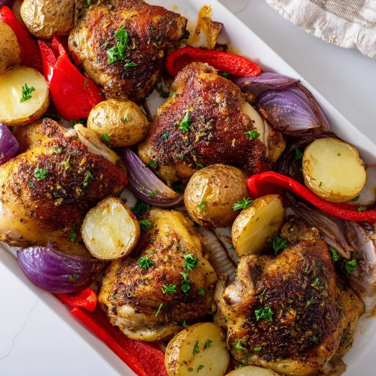 Golden roasted sheet pan chicken and potatoes with caramelized vegetables and fresh parsley garnish