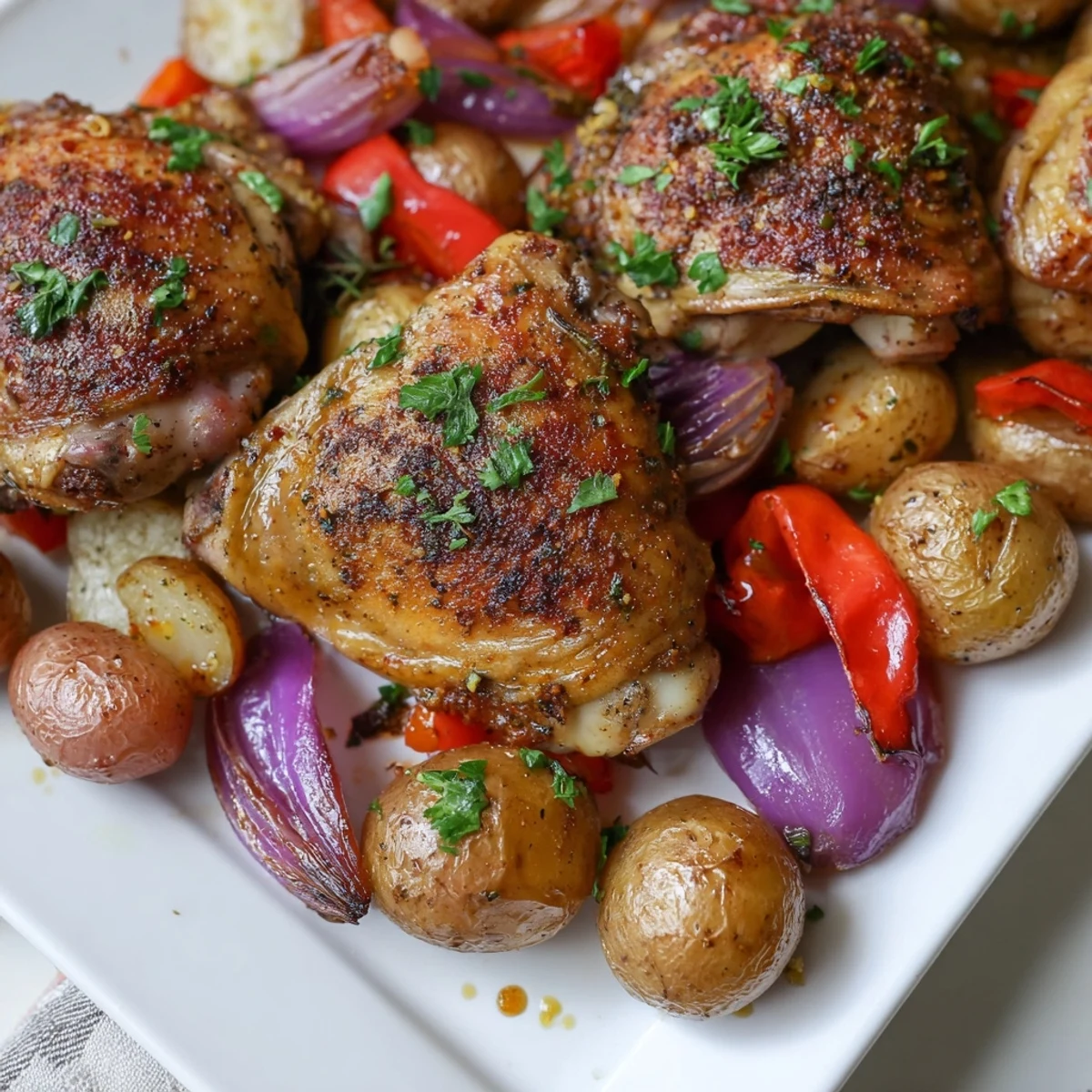 One-pan dinner featuring crispy skin chicken thighs alongside tender baby potatoes and red bell pepper
