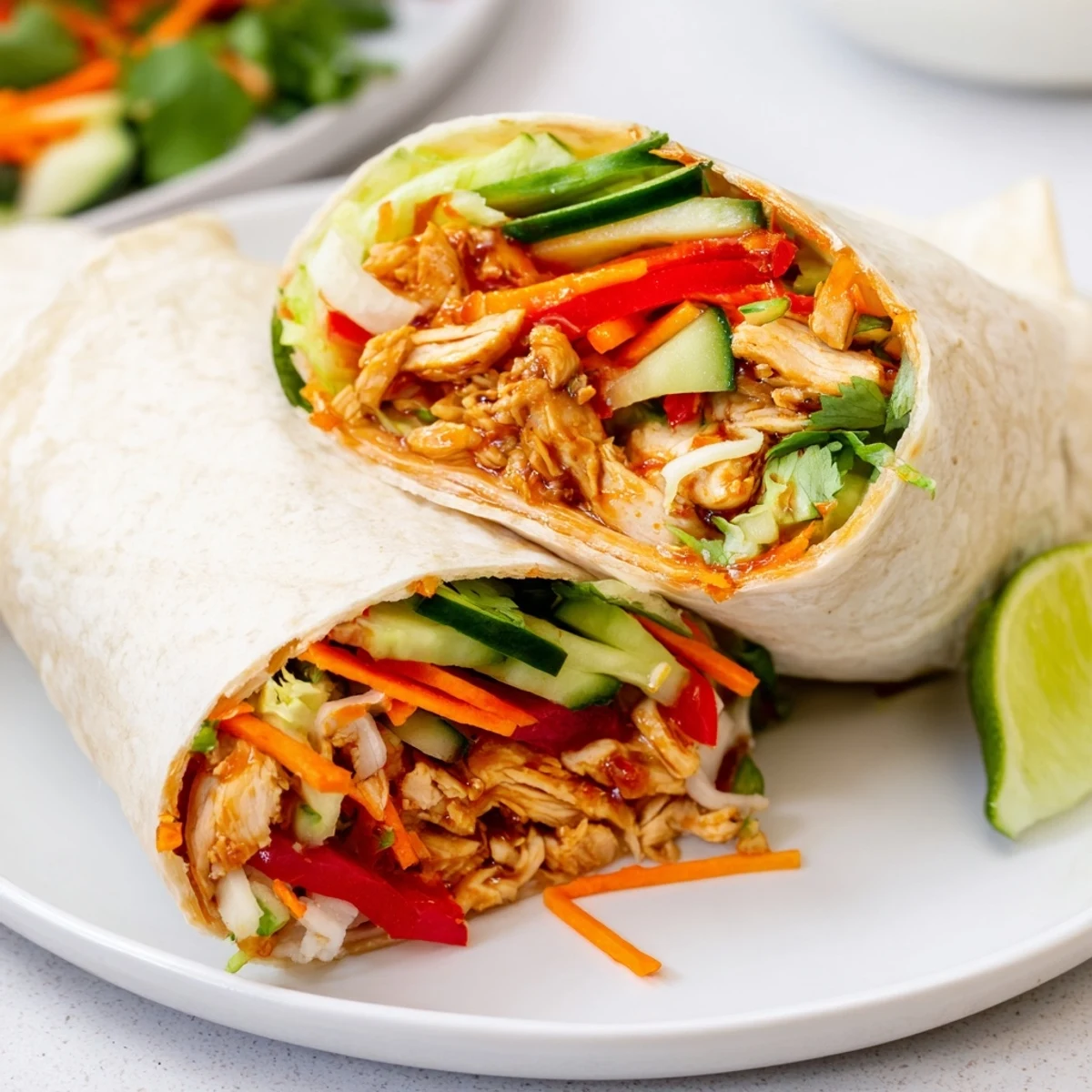 Golden sweet chili chicken wrapped in soft tortilla with colorful crunchy vegetables and fresh cilantro garnish