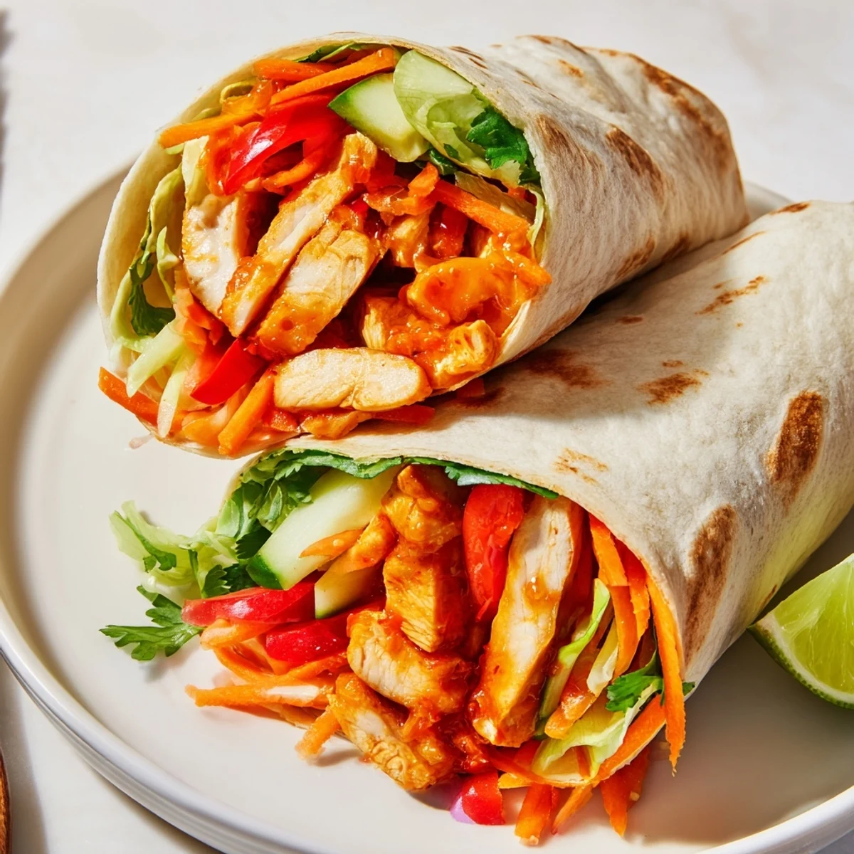 Asian-inspired sweet chili chicken wraps sliced in half revealing tender marinated meat inside flour tortillas
