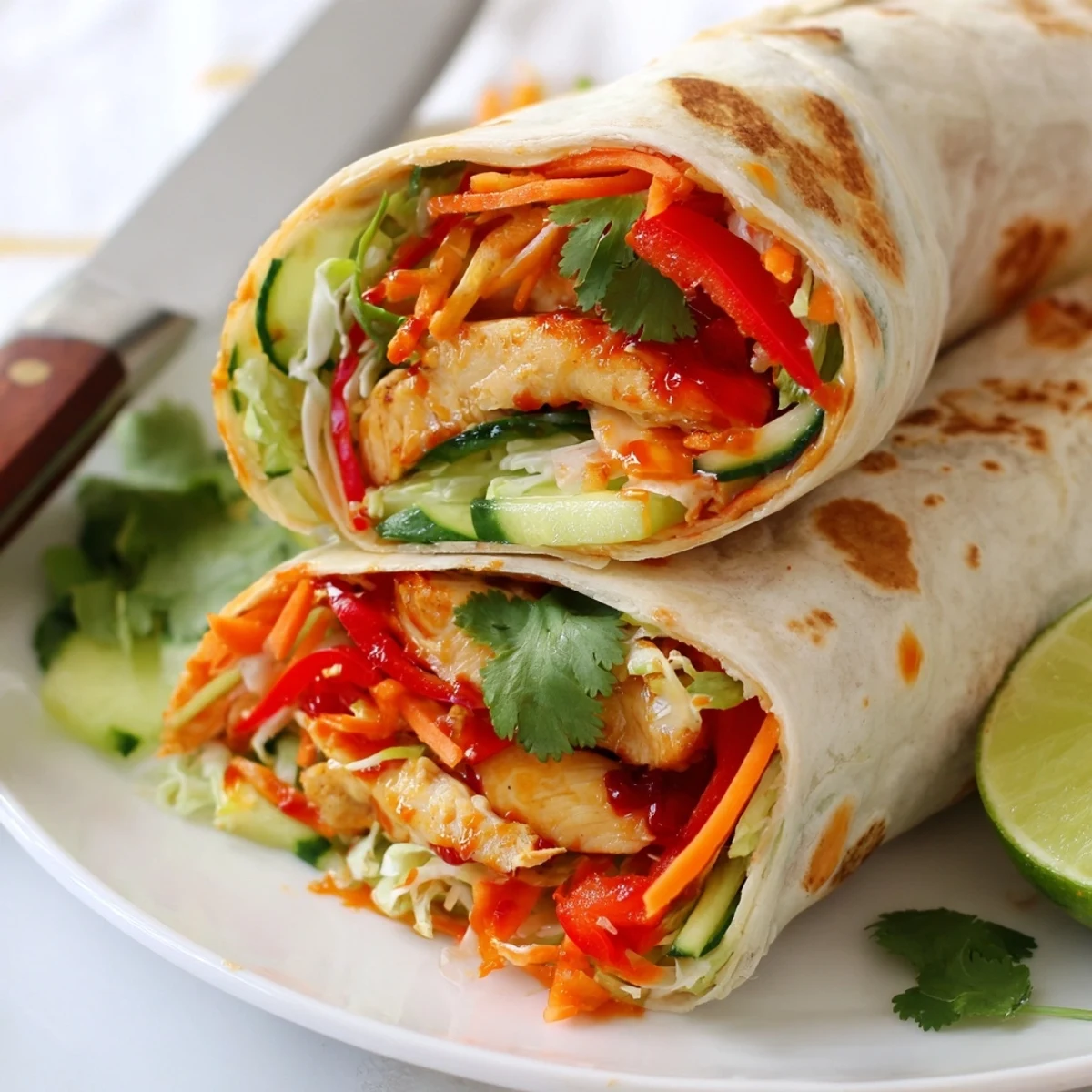 Homemade sweet chili chicken wraps plated with lime wedges featuring crisp lettuce peppers and cucumber strips