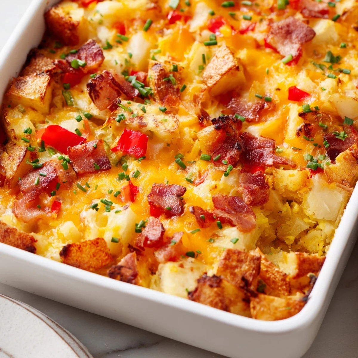 Golden brown brekkie bake casserole topped with melted cheddar cheese and crispy bacon