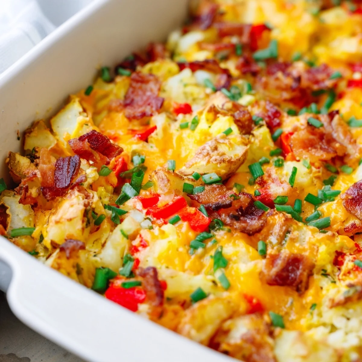 Family-friendly brekkie bake for dinner featuring fluffy eggs, bacon, and colorful fresh vegetables