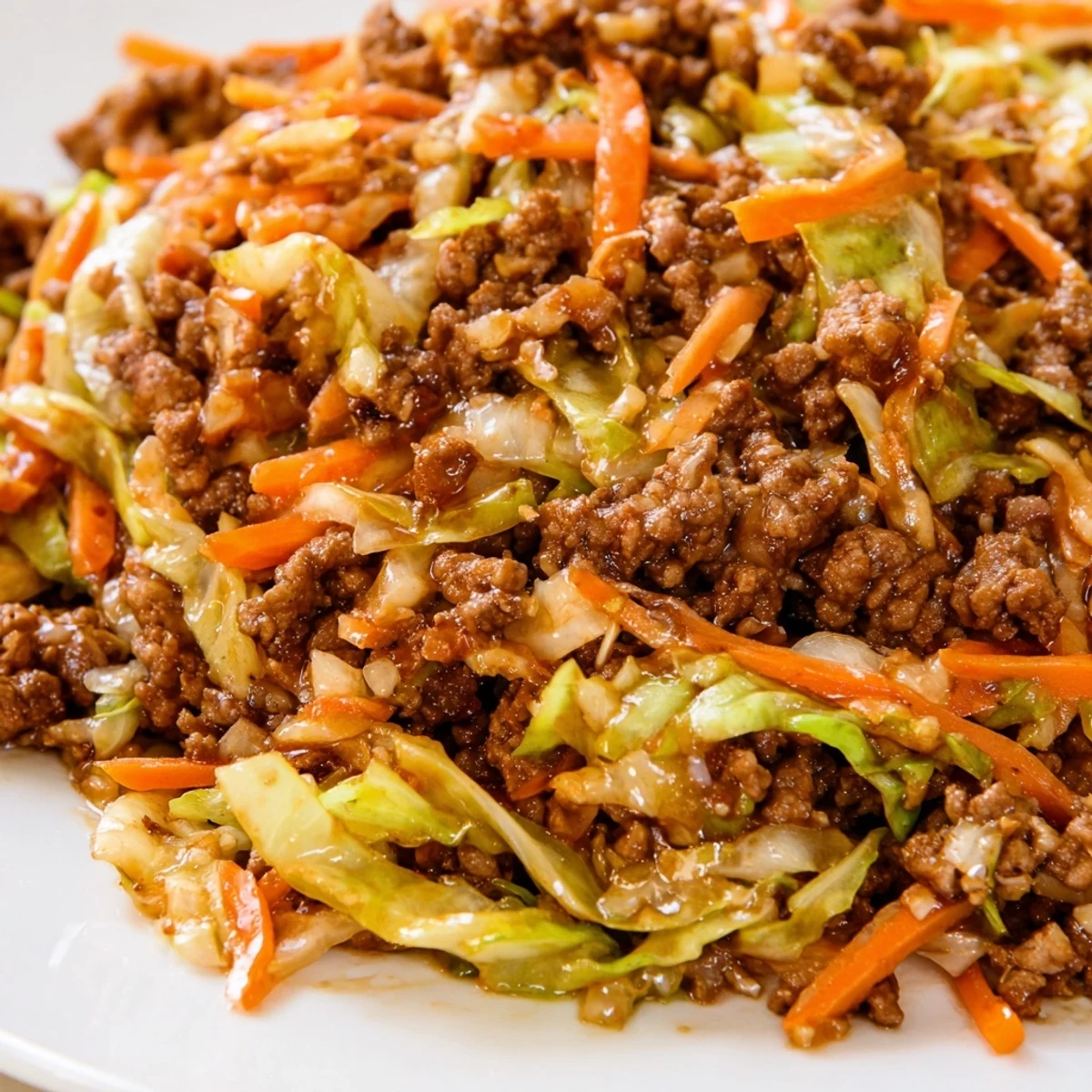 Golden brown ground beef and cabbage stir fry served in a white bowl garnished with fresh green onions