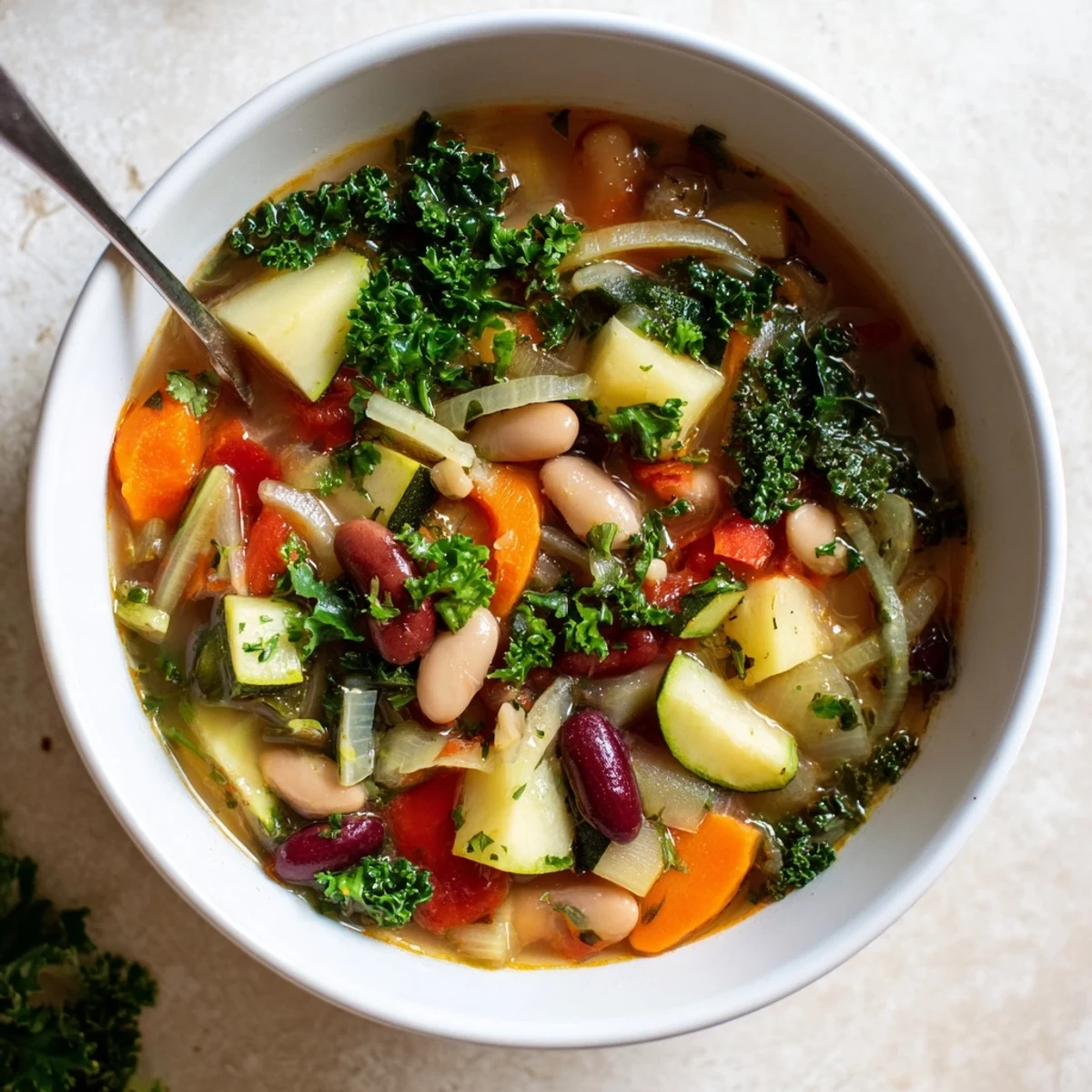 Rustic hearty vegetable and bean soup simmered in a pot with fresh green kale garnish