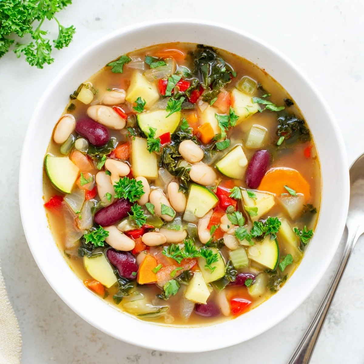 Steamy bowl of hearty vegetable and bean soup filled with colorful tender vegetables and beans