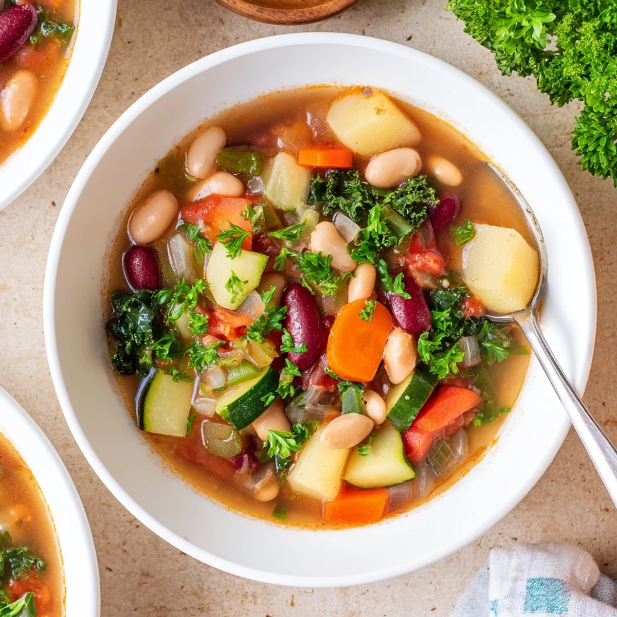 Spoon lifting tender vegetables and creamy beans from hearty vegetable and bean soup in white bowl